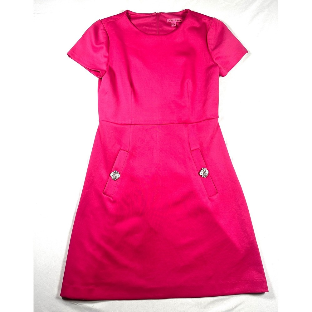 Betsey Johnson Pink Short Sleeve Rhinestone Pocket Shift Dress Size 8